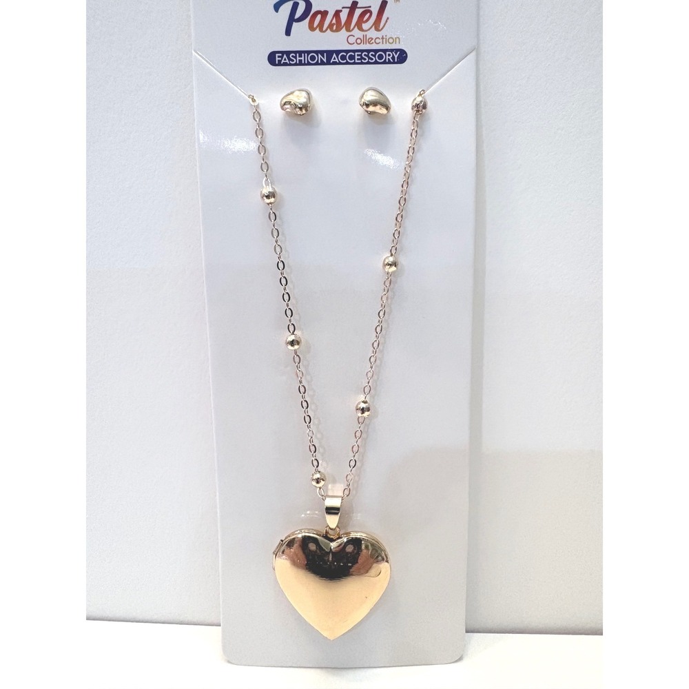 Pastel Collection Gold Tone Heart Locket Necklace and Stud Earrings Set